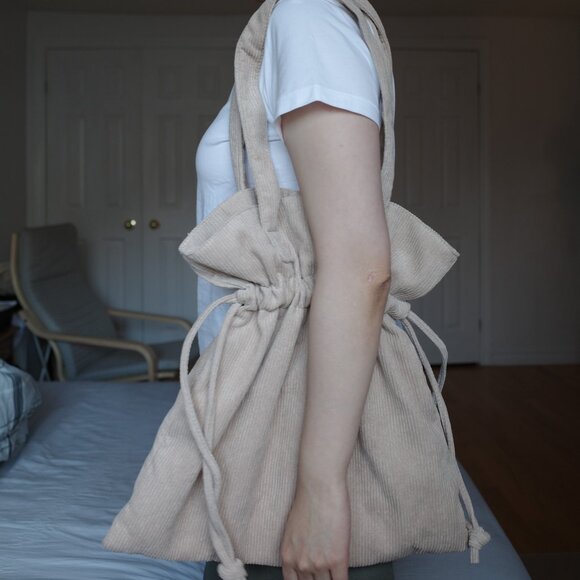 Corduroy Drawstring Shoulder Tote Bag (Beige) - LIKE NEW - Picture 2 of 4